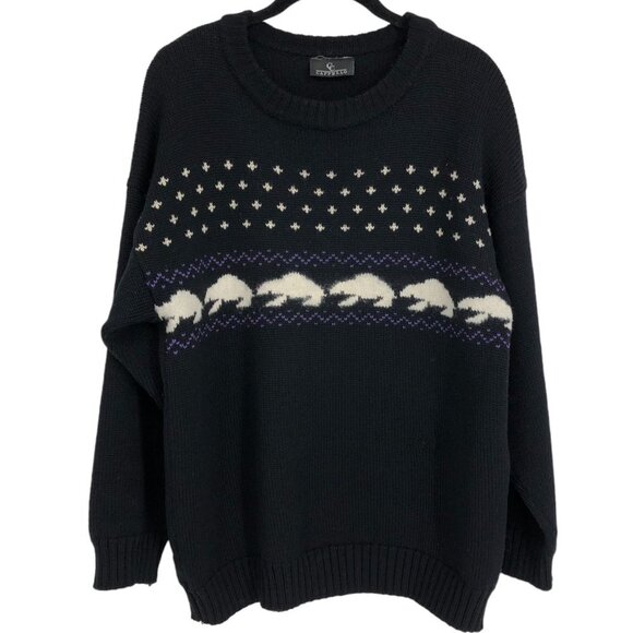 Cappello Black ugly / grandma christmas sweater w/snowflakes &  polar bears M - Picture 1 of 14